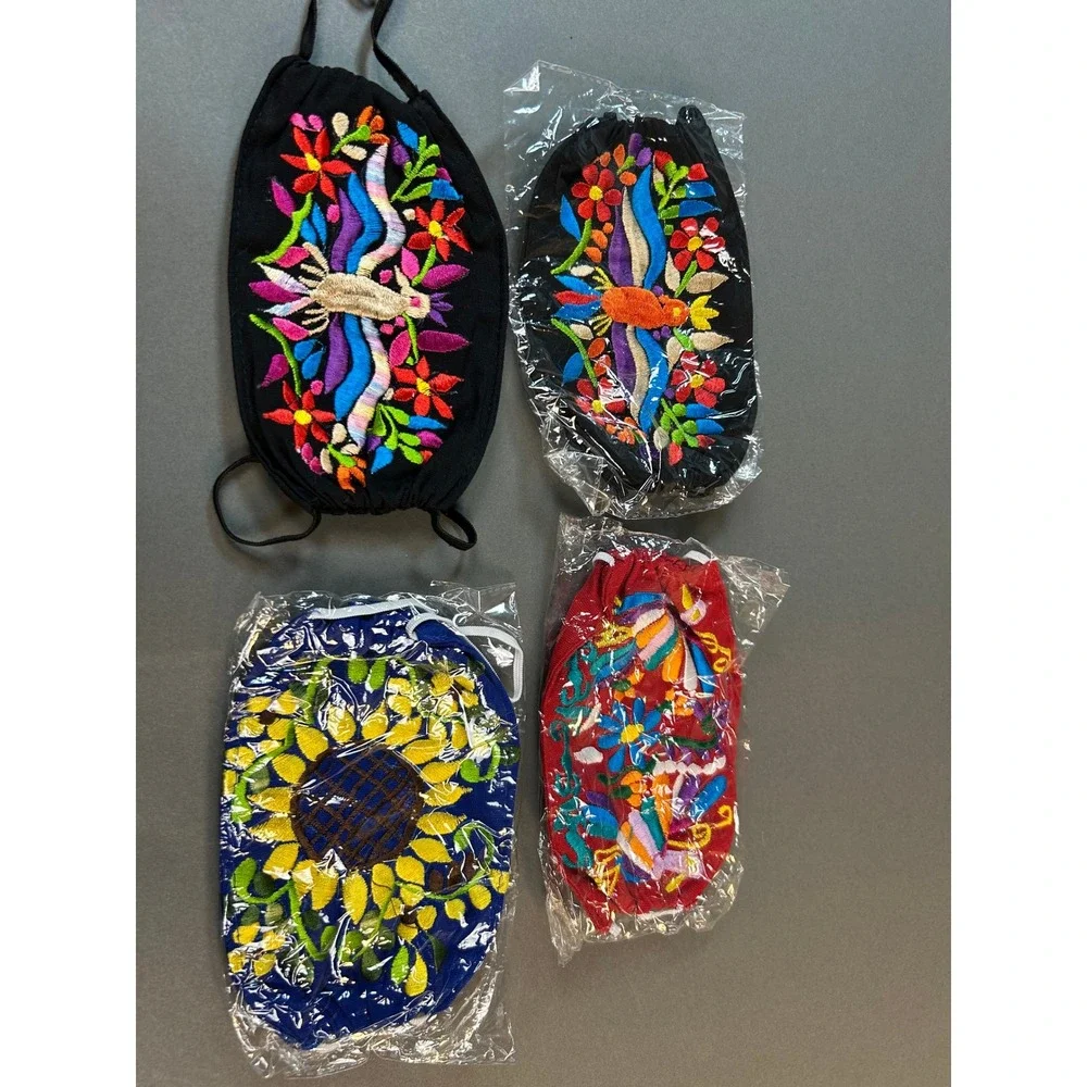 Lot of 4 Mexican Floral Embroidered Face Masks Otomi Style Cotton Multi Color